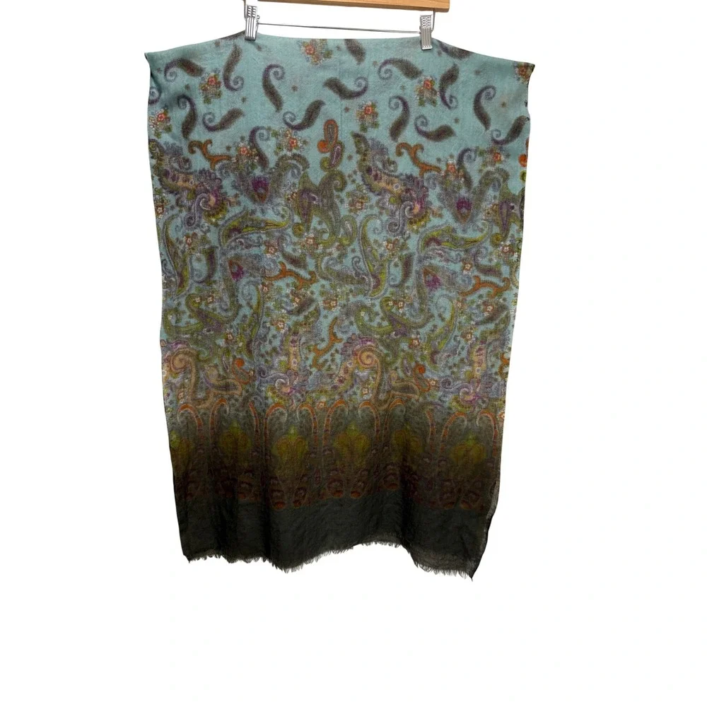 J. Jill Scarf/Shawl Wool Challis Aqua Blue  Paisley 100%  Fringed Gorgeous!  OS